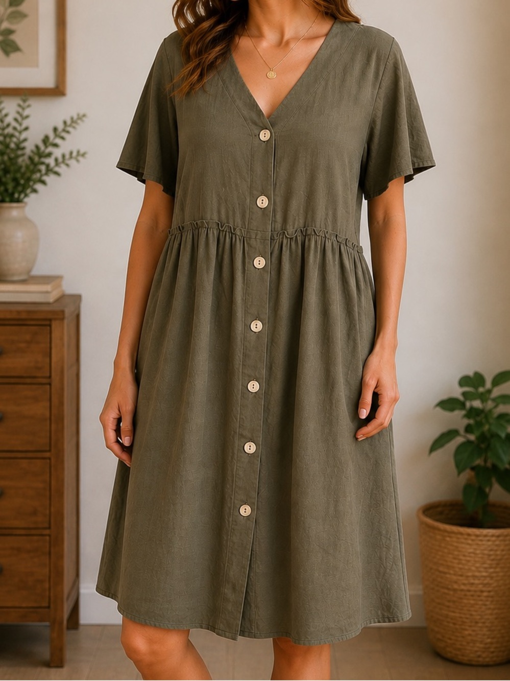 Women’s Plus Size Olive Green Dress with Buttons Size 2XL